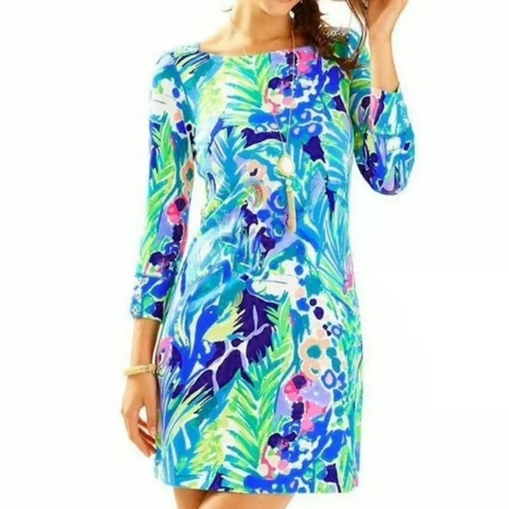 Lilly Pulitzer Shift Dress Palm Print 3/4 Sleeve Gold Button Detail M‎